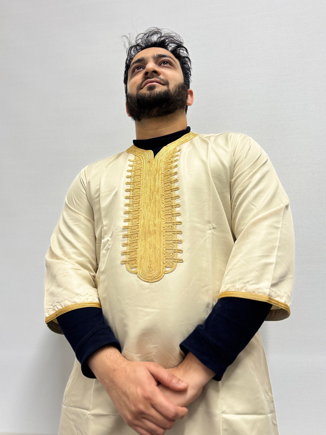 Elite Embroidered Half-Sleeve Djellaba Beige and Light Gold | Luxury & Comfort