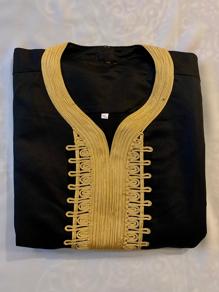 Elite Embroidered Half-Sleeve Djellaba Black and Gold | Luxury & Comfort