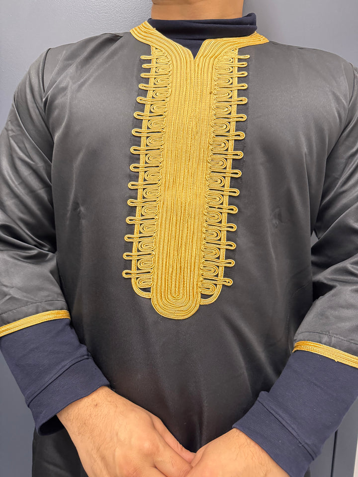 Elite Embroidered Half-Sleeve Djellaba Black and Gold | Luxury & Comfort