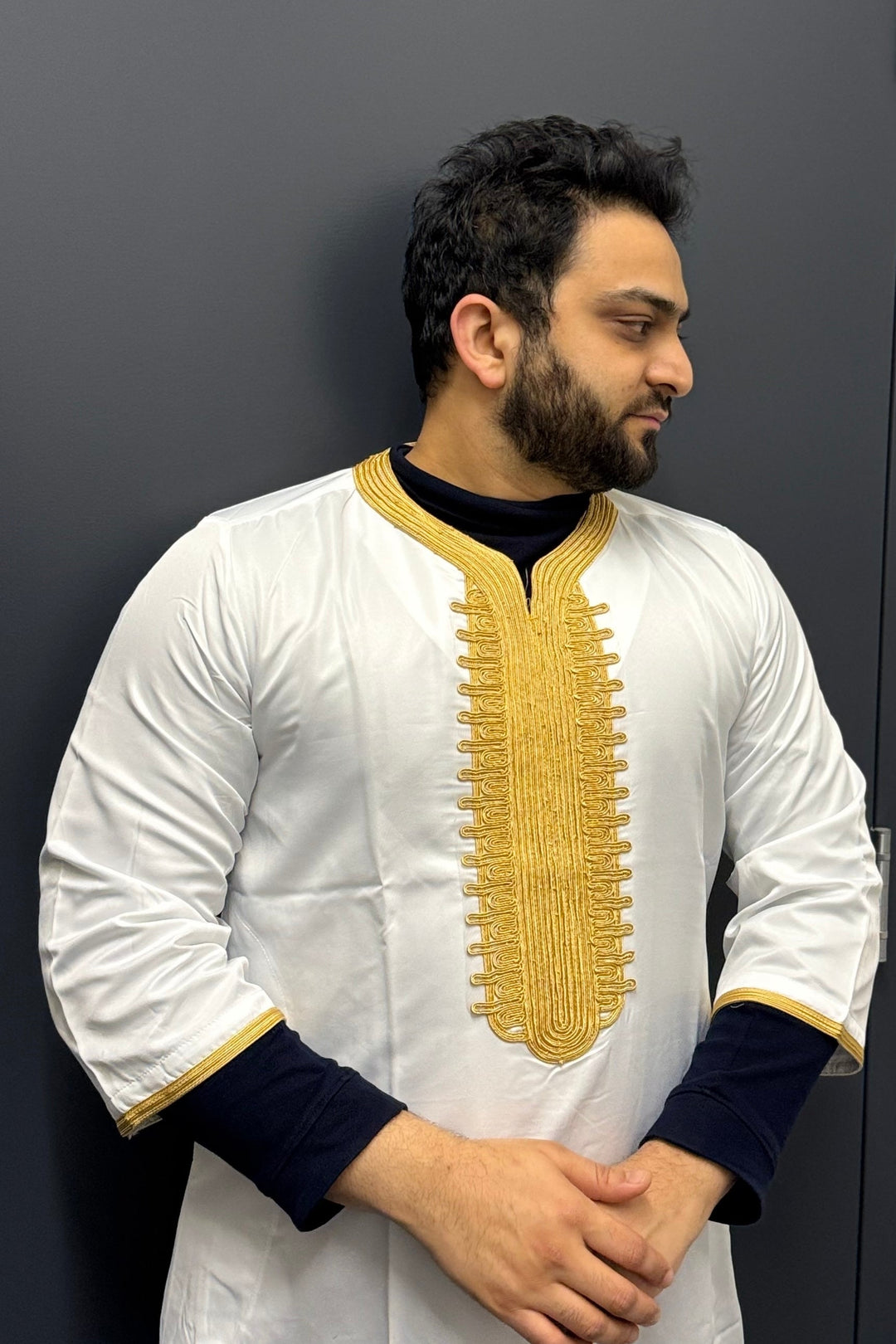 Elite Embroidered Half-Sleeve Djellaba White and Gold | Luxury & Comfort