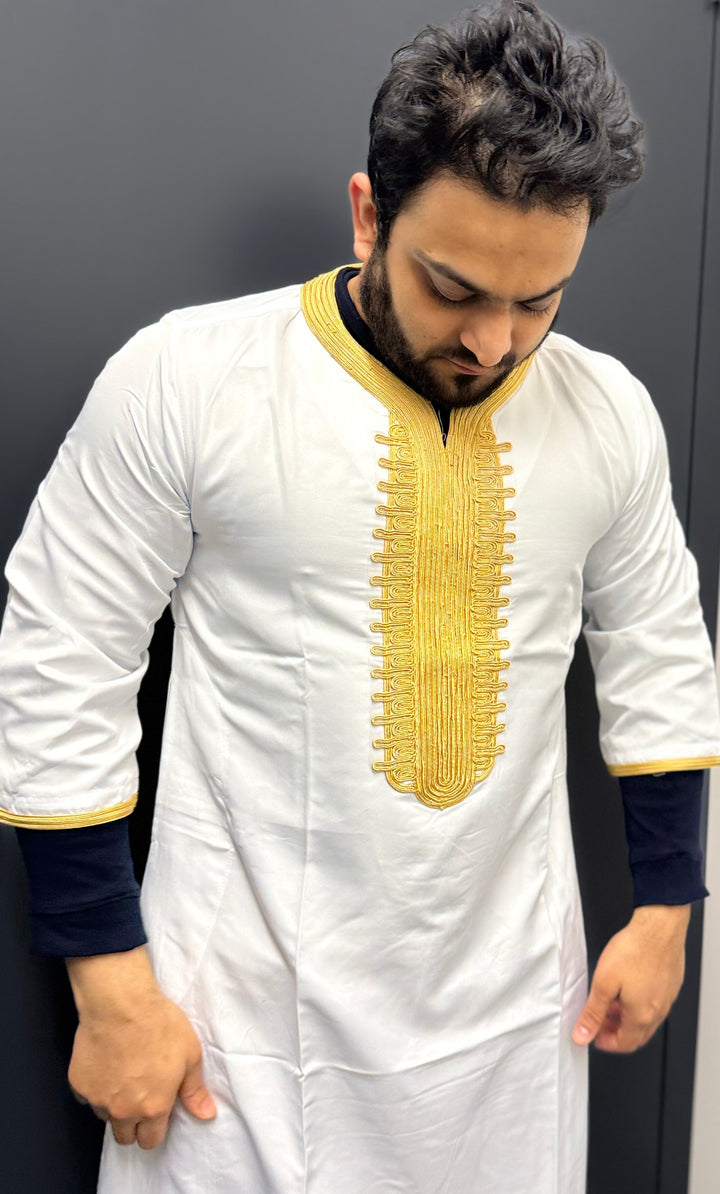 Elite Embroidered Half-Sleeve Djellaba White and Gold | Luxury & Comfort