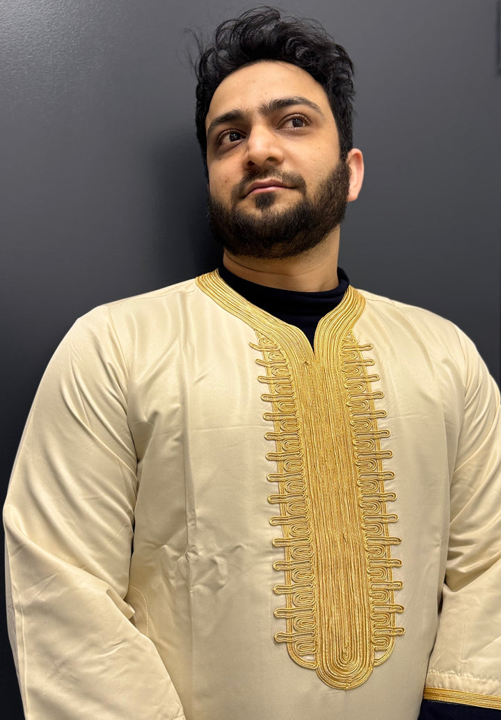 Elite Embroidered Half-Sleeve Djellaba Beige and Light Gold | Luxury & Comfort