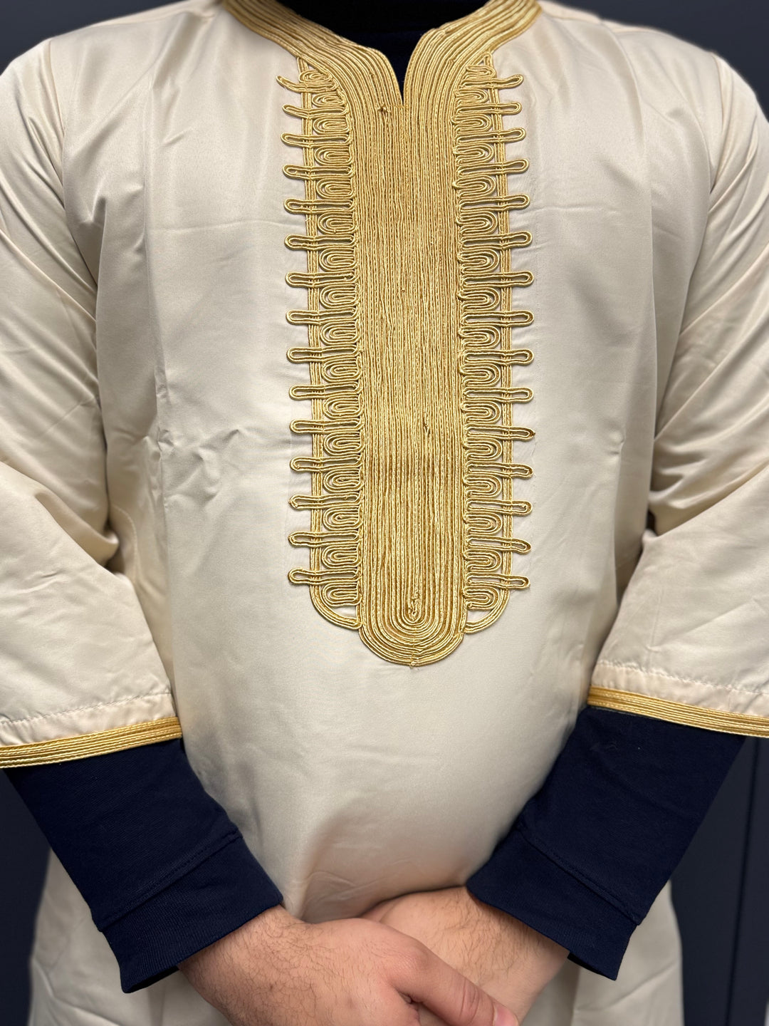 Elite Embroidered Half-Sleeve Djellaba Beige and Light Gold | Luxury & Comfort