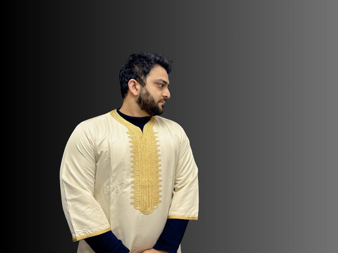 Elite Embroidered Half-Sleeve Djellaba Beige and Light Gold | Luxury & Comfort