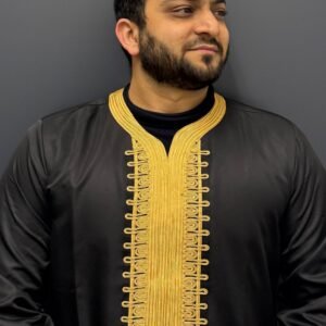 Elite Embroidered Half-Sleeve Djellaba Black and Gold | Luxury & Comfort