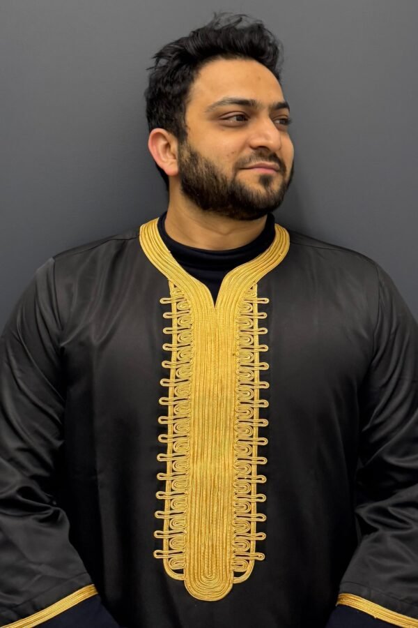 Elite Embroidered Half-Sleeve Djellaba Black and Gold | Luxury & Comfort
