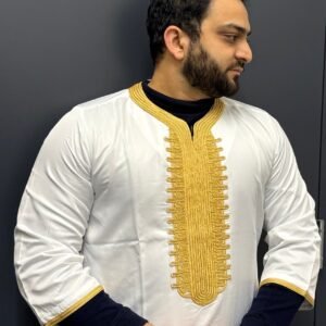 Elite Embroidered Half-Sleeve Djellaba White and Gold | Luxury & Comfort