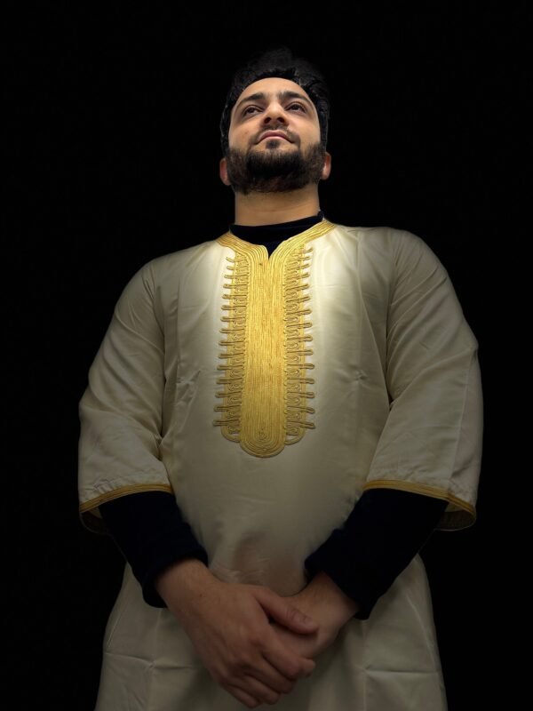 Elite Embroidered Half-Sleeve Djellaba Beige and Light Gold | Luxury & Comfort - Image 6
